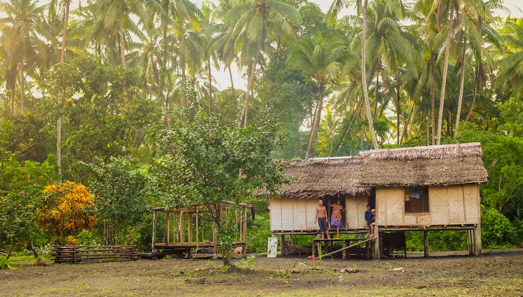 A house with a grass roof stand on stilts, three people from Gadaisu community stand on its steps and in the doorway. Large palm trees fill the background.