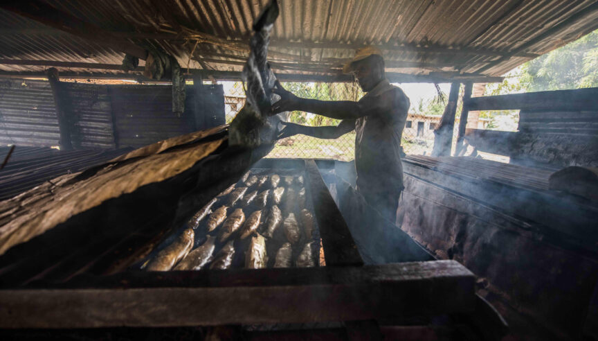 OELO community members on Nlong Island, Lake Oguemoue. Here: Franck Bengone, President of AMVEN, the fishing association.