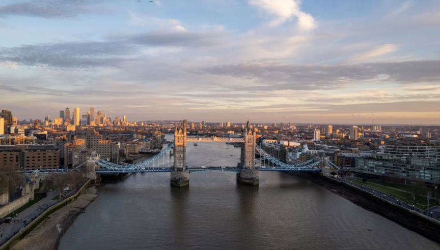 A breathtaking aerial shot of London's Tower Bridge with the city skyline at dusk. Photo: Ollie Craig